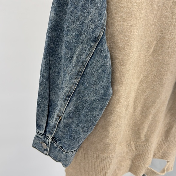 Entro Tan V-Neck denim sleeve contrast distressed sweater casual mixed material - Picture 5 of 13